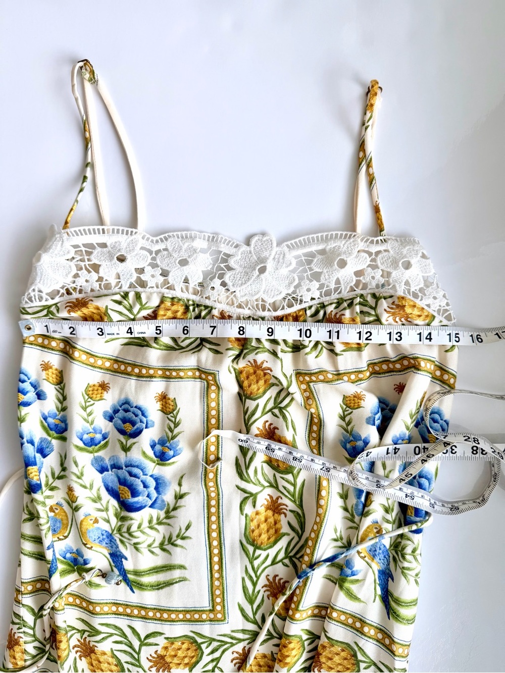 FARM Rio Pineapple Floral Maxi Dress Blue White Lace Trim Belted NWT - Picture 8 of 11